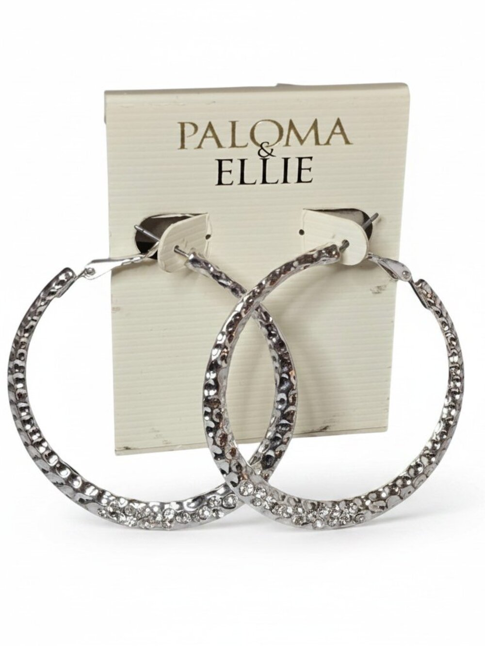 Paloma & Ellie Women's Hammered Silver Plated Rhinestone Hoop Earrings NWT 2"